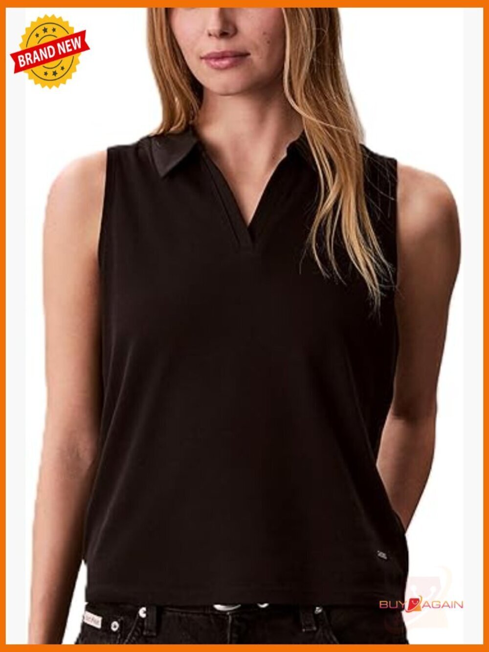 Sleeveless Johnny Collar Top, Cotton Blend Knit, Regular Fit, Size S